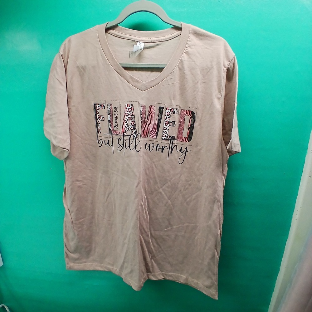 Christian Womens XL Tan Flawed But Still‎ Worthy Animal Print V-Neck Graphic Tee